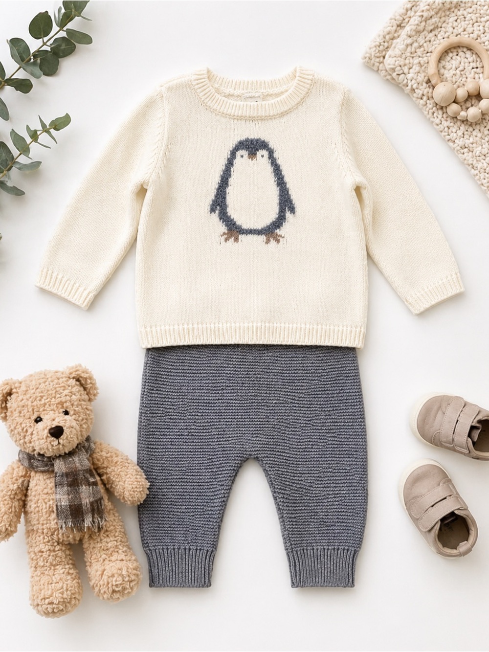 Carter’s 3T Toddler  Set Penguin Sweater Knit Pants Gray Cream Cozy Unisex NWT